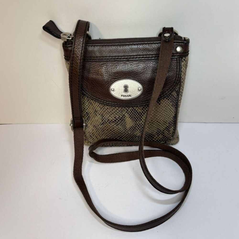 Fossil Snake Print Embossed Brown Leather Crossbody Bag Purse Adjustable Stylish